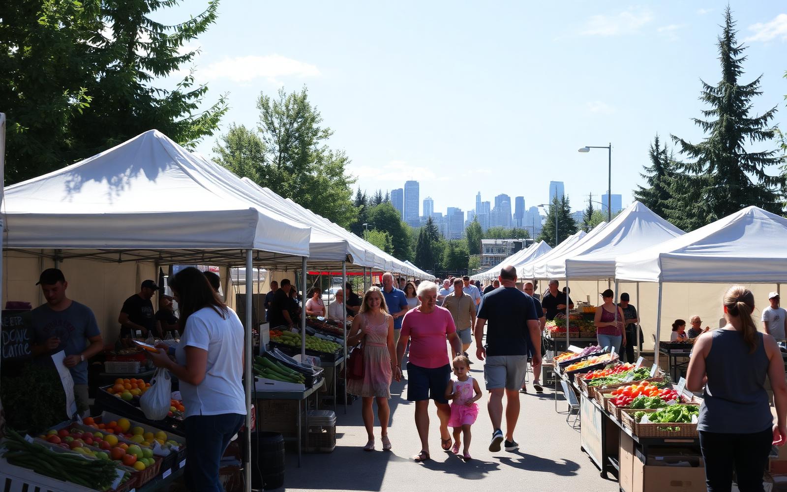 Outdoor Calgary community market with white canopy tents and families browsing produce stalls